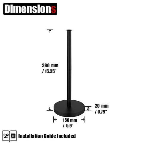 Dimensions of Matte Black Stainless Steel Toilet Paper Storage Stand That Holds 3 Rolls, thick 0.8mm frame, 15.35 inches tall.