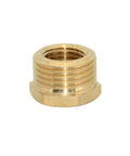 Front view of brass NPT reducer bushing, 1/4 in male to 1/2 in female, hex threaded pipe fitting