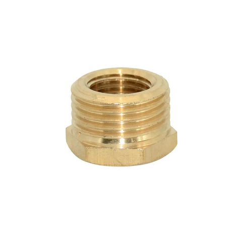 Front view of brass NPT reducer bushing, 1/4 in male to 1/2 in female, hex threaded pipe fitting