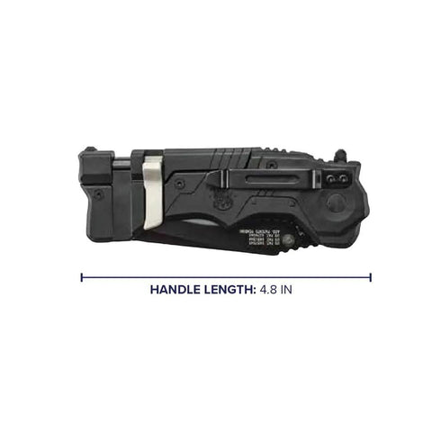 Folded view of Rock This 8.2 Inch Assisted Opening Tactical Knife with a 4.8 inch black nylon handle and pocket clip.