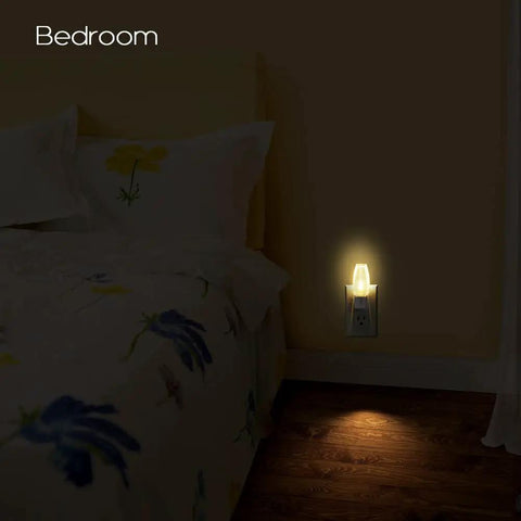 Bedroom setting with Plug In Night Light Lamps With Manual On Off Switch For Kids Nursery Bedroom Bathroom Hallway Stairs And Kitchen Soft Warm White 2700K LED Energy Efficient 0.5W No Bulb Replacement Six Pack