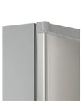 Top Notch 3 Cubic Ft Compact Upright Freezer Fingerprint Resistant Stainless Steel Finish door corner detail close-up.