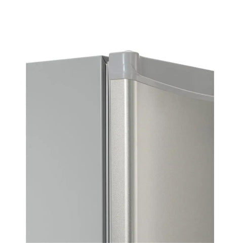Top Notch 3 Cubic Ft Compact Upright Freezer Fingerprint Resistant Stainless Steel Finish door corner detail close-up.