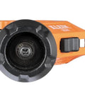 Klein Tools tubing cutter, front view, orange body with black wheel