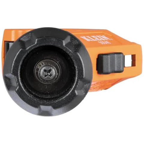 Klein Tools tubing cutter, front view, orange body with black wheel