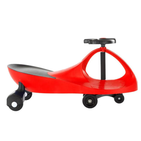 Side view of red Wiggle Car Ride On Toy For Ages 3 And Up No Batteries Gears Or Pedals Just Twist Wiggle And Go, showing seat and wheels.