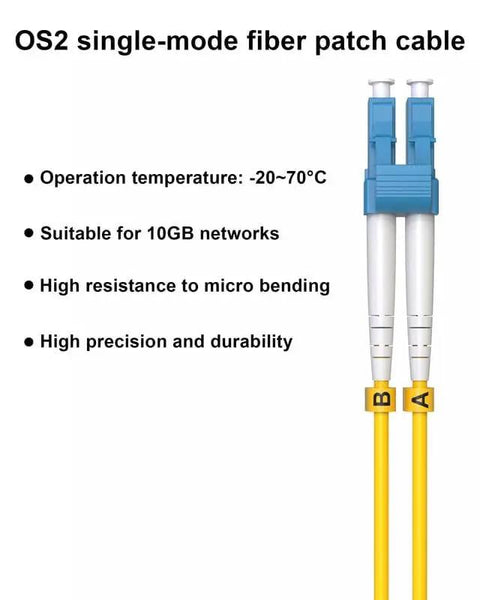 Heavy Duty Os2 Single Mode Lc To Lc Fiber Patch Cable With Top Shelf Upc Connectors showing dual connectors and yellow cable.