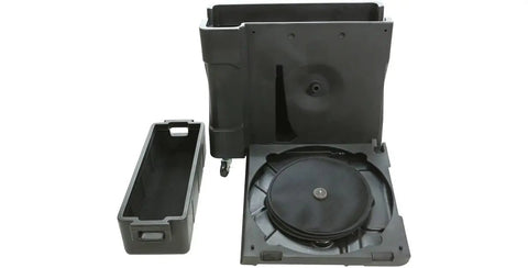 Badass Roto Molded Drum Hardware Case With Top Loading Access And Fold Down Cymbal Vault For Six Cymbals with storage and wheels.
