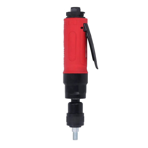 Pneumatic Air Die Grinder 4000 RPM Zinc Alloy Heavy Hitter Delivers Smooth Spin And Reliable Punch For Rough Jobs Built Solid With 1/4in Inlet And 3/8in 24UNF Collet Thread Total Game Changer side view of red and black air die grinder.