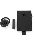 Heavy Duty Black Iron Gate Latch With Elegant Floral Base Plate And Weatherproof Coating Tough As Nails Two Sided Door Hardware For Outdoor Fences And Garden Gates, components on white background.