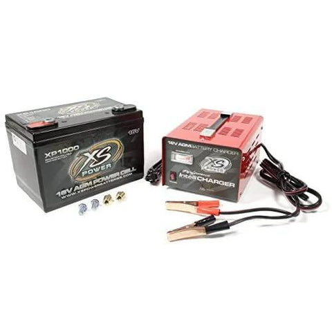 Front view of XS Power XP1000 black car battery and red IntelliCharger with clamps.