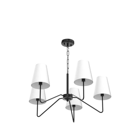5 Light Modern Chandelier With White Fabric Shades, Sleek Black Dope Ceiling Pendant For Dining Room Living Room Hallway And Bedroom