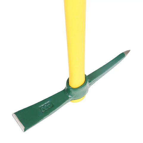 18 Inch Steel Forged Double Headed Pick Axe With Lightweight Plastic Coated Fiberglass Handle, close-up of head and handle junction