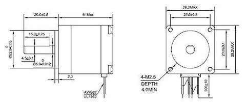 Micro stepper motor, NEMA 11, bipolar, four leads; front and side views with mounting holes