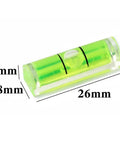 Square Bubble Level for Horizontal Hanging Measurement, 8x8x26mm, clear plastic, green level bubble with black markings.