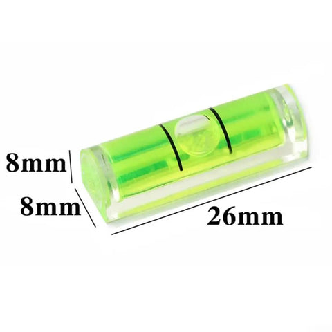 Square Bubble Level for Horizontal Hanging Measurement, 8x8x26mm, clear plastic, green level bubble with black markings.