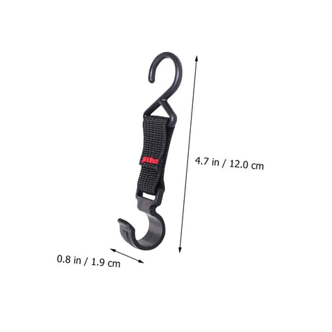 Close-up of a single S-shaped movable strap hook from the Five Piece Large Outdoor Camping Hook Set, size and dimensions shown.