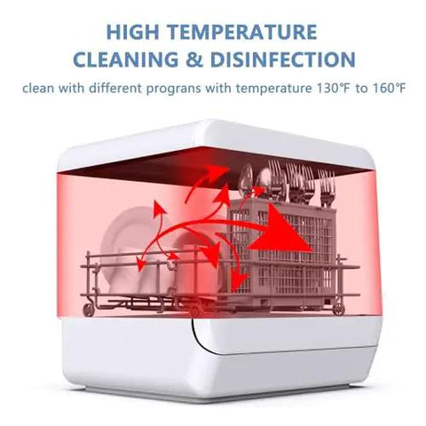 Totally Hassle Free Countertop Dishwasher Scraping Away Tough Messes Fast With Four Place Settings And Five Auto Wash Cycles Plus Smooth Touch Screen Controls And Baby Care Cycle in high temperature cleaning mode.