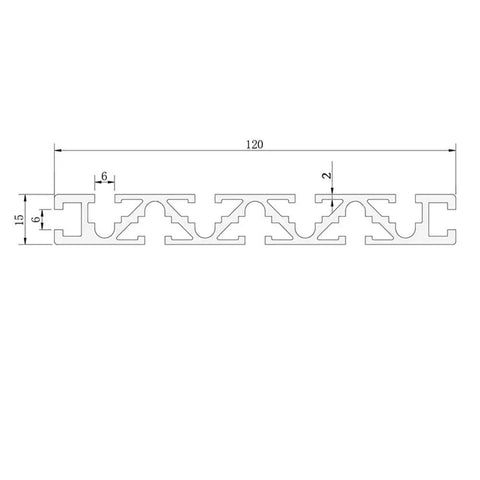 Top Tier 15X120 Aluminum Extrusion Profile With Sleek Anodized T Slot Grooves For Smooth CNC Axis Mounting and Badass 3D Printer Workbenches Built From Heavy Duty 6063 Alloy Stock, showing T-slot design and dimensions.