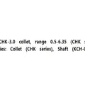 Collet CHK-3.0 specifications with range 0.5-6.35 and compatible accessories including collet and shaft.