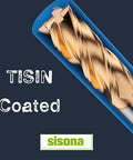 Front view of a gold carbide end mill with TISIN coating; blue background and sisona logo