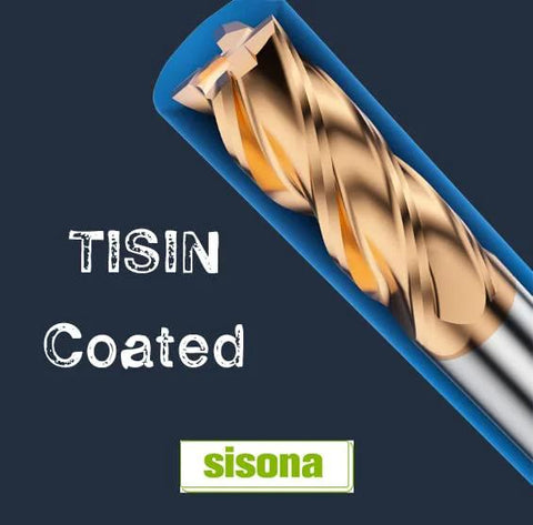 Front view of a gold carbide end mill with TISIN coating; blue background and sisona logo