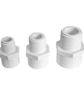 Three 3/4 Inch White 2-Way SCH40 PVC Male Adapter Pipe Fittings with external thread shown in standing position.