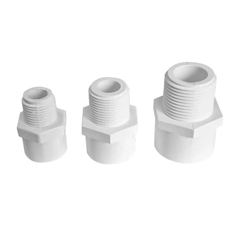 Three 3/4 Inch White 2-Way SCH40 PVC Male Adapter Pipe Fittings with external thread shown in standing position.