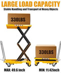 Front and side views of a yellow hydraulic lift table cart with four wheels and double scissor lift, 330 lb capacity