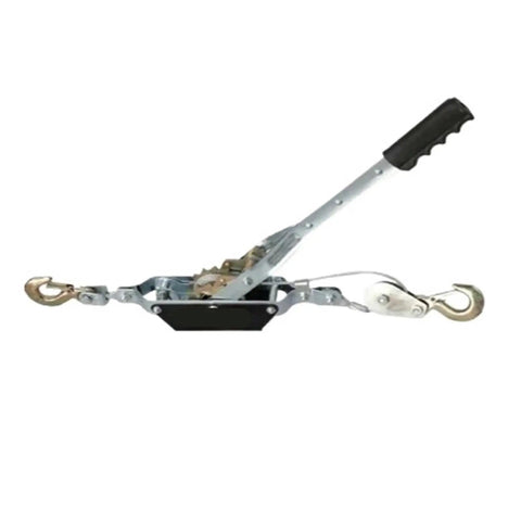 Beefy 2T Hand Winch with 2m wire rope, manual tensioner, ratchet, double hook fastener, heavy duty galvanized steel, side view