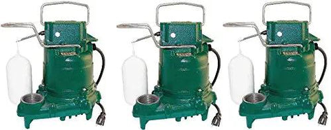 Rock Solid Submersible Sump Pump 1/3 HP 3 Pack Full Auto Base showing three heavy-duty cast iron pumps with float switches for basement flooding.