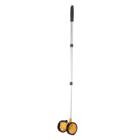 YDuupxe Measuring Wheel Dual 4in 0-9999.9m 0.5% Accuracy Tool with yellow wheels and aluminum handle for measuring distances.