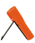 Side view of Auto Ranging TRMS Digital Multimeter For 1000V AC DC Voltage 10A with stand, orange casing.