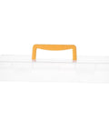 Straight Up Plastic Tool Box With Sturdy Carry Handle Divided Multi Purpose Compartments For Weekend DIY Projects Hardware Sorting Paint Brush Holder And Small Gear with transparent design and orange handle.