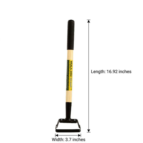 Hula Hoe Oscillating Stirrup Weed Cutter With 16 Inch Wood Handle And Rubber Grip shown with dimensions for garden maintenance