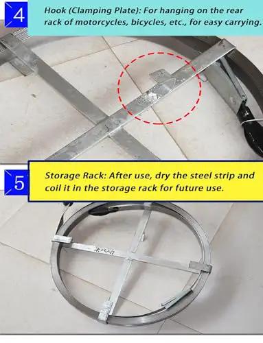 Premium Steel Drain Cleaning Rod For Nasty Household Gunk Badass Clog Ripper with storage rack and clamping hook detail.