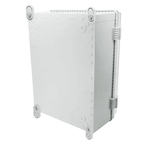 Outdoor IP65 ABS Plastic Junction Box With Clear Hinged Cover for Easy DIY Install, showing mounting brackets, 15.7x11.8x6.7 inches.