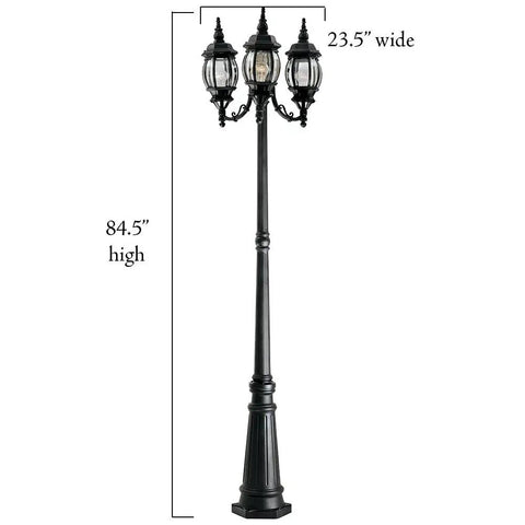 Front view of Three Light Riviera Outdoor Post Lantern With Clear Beveled Glass Shades, 84.5 Inch White Exterior Post Light For Pathway Or Yard.