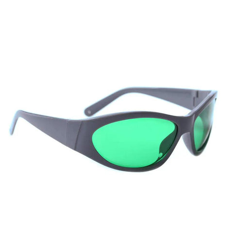Laser Safety Eye Protection Gear For 635Nm To 660Nm And 808Nm To 830Nm Plus 900Nm To 1100Nm Beams, green lens goggles, side view.