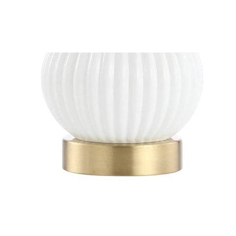 Close-up of ribbed gourd glass base in white with brass gold of Ribbed Gourd Glass Table Lamp In White And Brass Gold Dope Modern Bedside Light With White Linen Drum Shade 20 Inch Tall LED Bulb Included Perfect For Bedroom Or Living Room