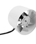Pro Level 100mm Inline Duct Fan Whispers Silently While Pulling Smoke Directly Out From Kitchen Or Shop Grease Fume Ventilation Unit showing white housing and metal blades.