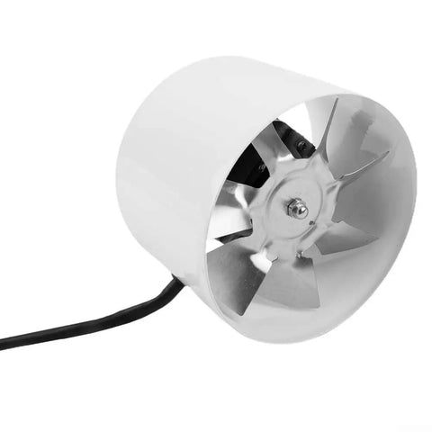 Pro Level 100mm Inline Duct Fan Whispers Silently While Pulling Smoke Directly Out From Kitchen Or Shop Grease Fume Ventilation Unit showing white housing and metal blades.