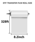 DTF Transfer Film Roll Pro-Grade 8.2 X 328 Ft for A4 DTF Printer showing size dimensions on white background.