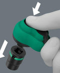 Close-up of hand using Zyklop Comfort Ratchet With Reversing Lever Three Eighths Inch Drive with ergonomic grip and 80-tooth gear.