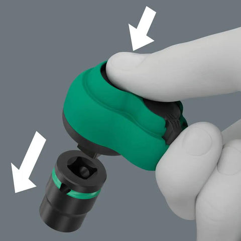 Close-up of hand using Zyklop Comfort Ratchet With Reversing Lever Three Eighths Inch Drive with ergonomic grip and 80-tooth gear.