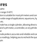 Dang Reliable pH Sensor Module For Acidity And Alkalinity Testing features list with pH range 0-14 and temperature range 0-60°C.