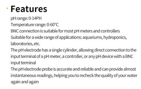Dang Reliable pH Sensor Module For Acidity And Alkalinity Testing features list with pH range 0-14 and temperature range 0-60°C.