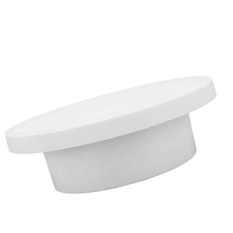 Super Cool Motorized Rotating Display Stand With Smooth 360 Degree Spinning Action Perfect For Showcasing Jewelry Watches And Cakes On Any USB Powered Setup With Solid 3KG Load Capacity - White display stand with a smooth oval top.