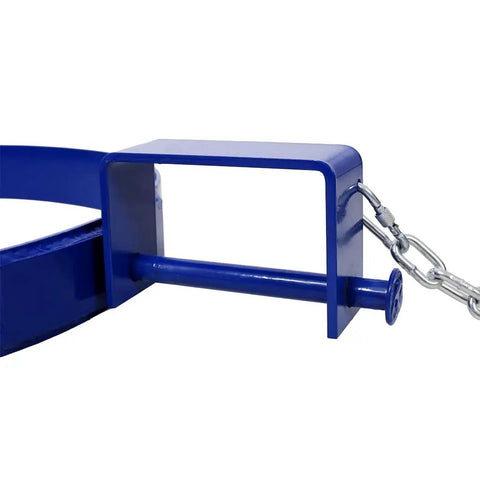 Close-up of Heavy Duty 55 Gallon Steel Drum Lifter Ring With 1200 Lbs Capacity Tilting Clamps For Forklifts And Manual Use Durable Carbon Steel.