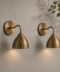 Mid Century Modern Brass Wall Sconces Set of 2, brass wall light fixtures with unique shade design for bedroom or living room.